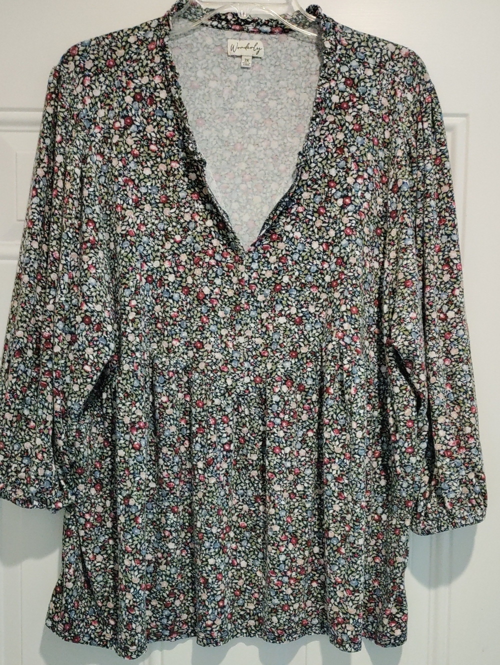 Wonderly Black Floral V-Neck Peasant Tunic with Pink and Blue Accents